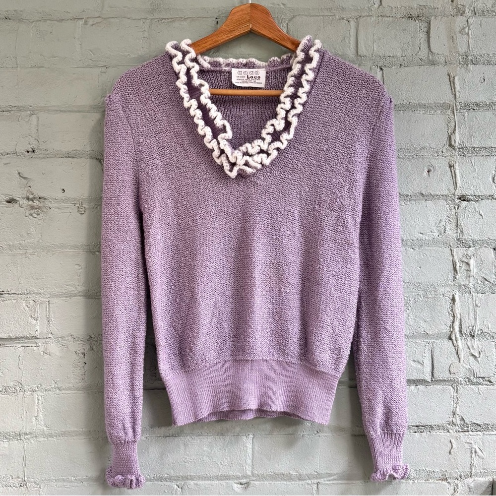 Vintage Purple V-Neck Sweater with Ruffle Trim